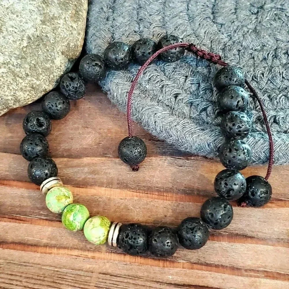 Handcrafted Chakra Bracelet Green Aqua Terra Jasper Black Lava